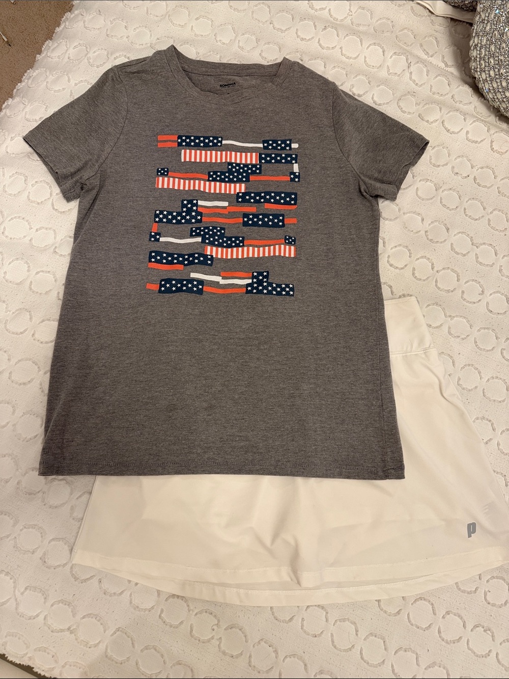Women’s Gray Patriotic T-shirt w/White Athletic Skorts Set